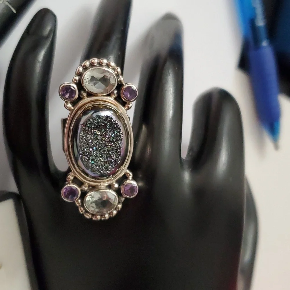 Signed Sterling Silver 925 Druzy Amethyst Topaz Statement Ring